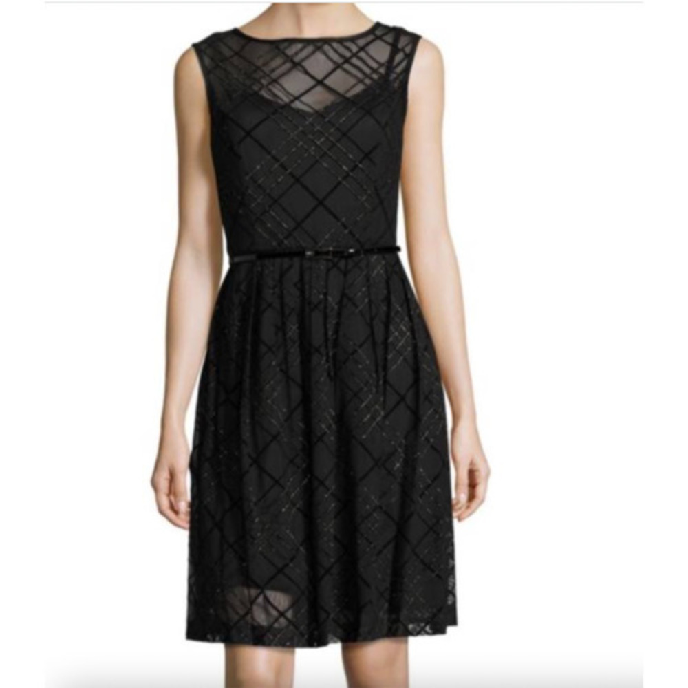 Ellen Tracy Nordstrom Black Gold Belted Fit and Flare Sleeveless Dress - Picture 2 of 13